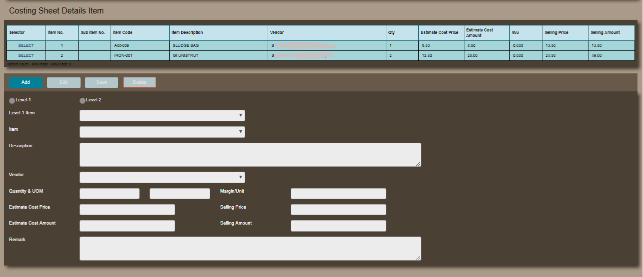 Costing Sheet Details